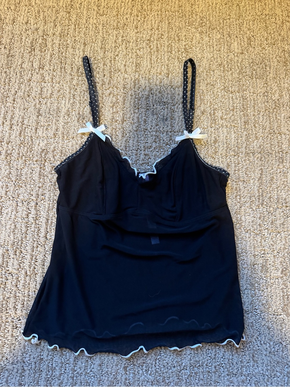 Black Lace-Trim Camisole Tank Top with White Bow Accents